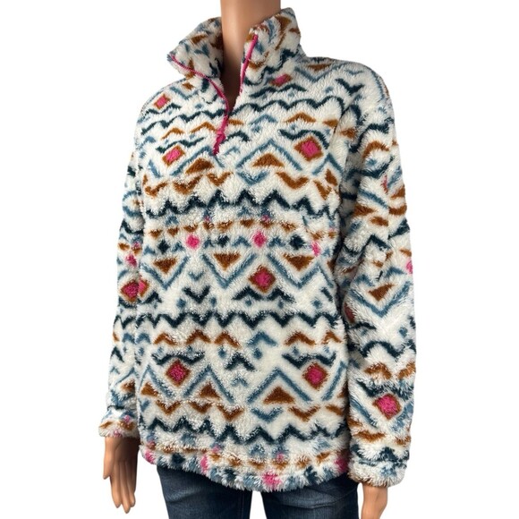 Eddie Bauer Womens Size Small Plush 1/4 Zip Jacket Fuzzy Fleece Vanilla Aztec - Picture 3 of 8